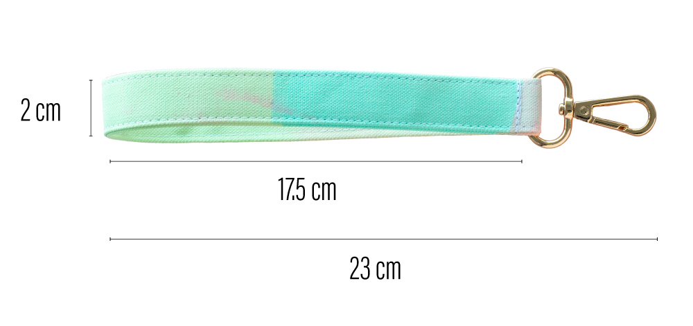 mint green removable wrist strap with labelled measurements